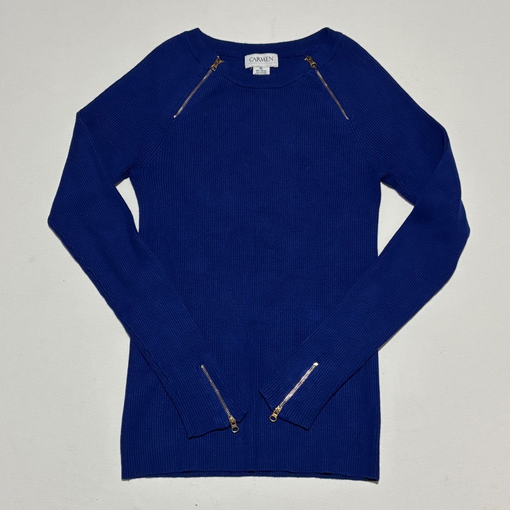 Carmen Marc Valvo Sweater Womens XL (S/M) Blue Zipper Shoulder Ribbed Knit INFO
